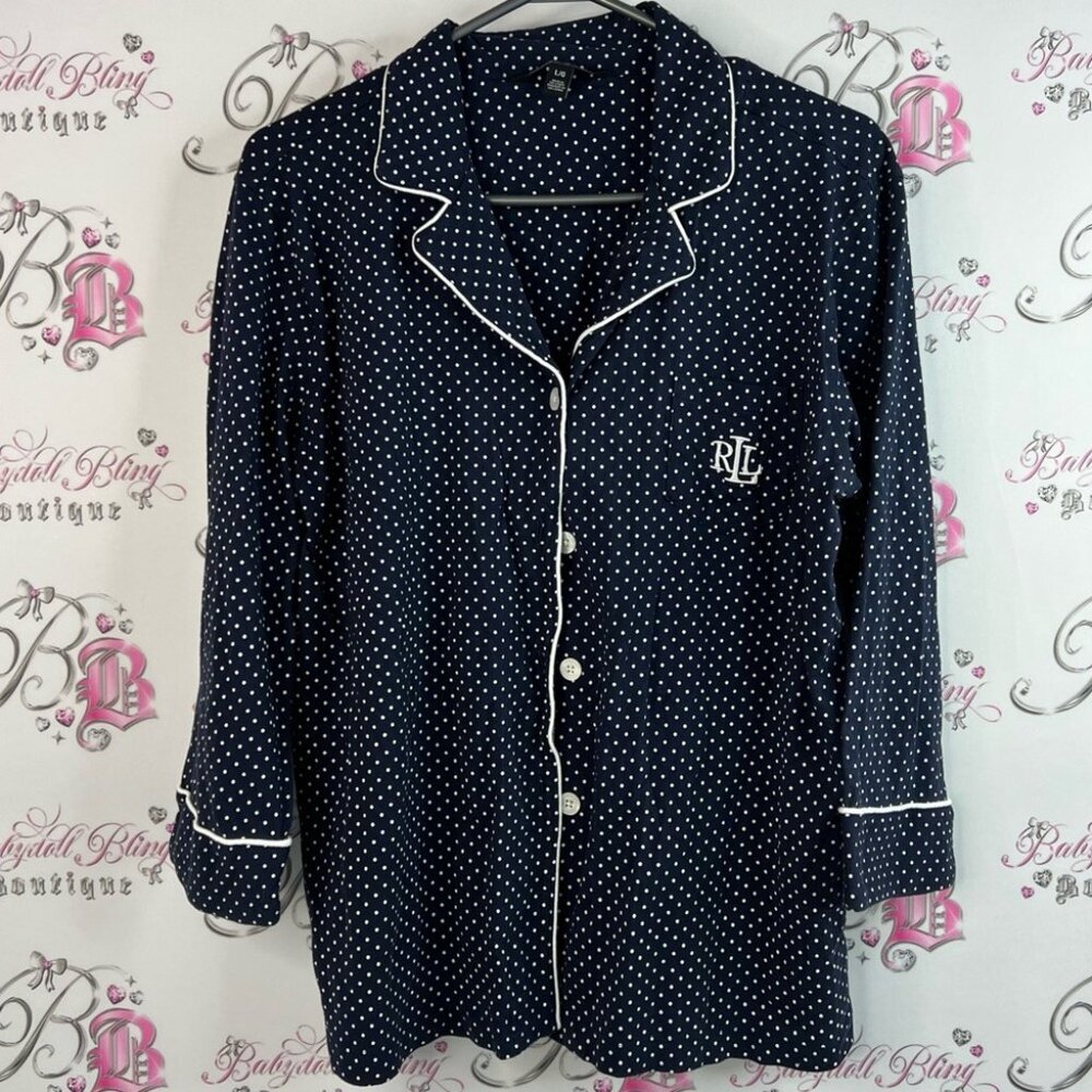 Ralph Lauren button down pj top dotted pocket Navy Polka Dot Pajama Top